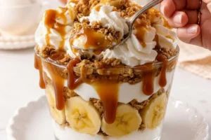 Delicious Banana Caramel Crunch Parfait with layers of bananas and caramel