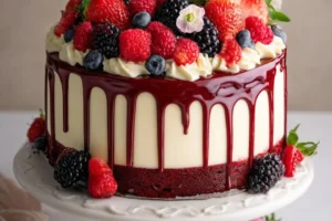 Berry Bliss Cheesecake Drip Cake topped with fresh berries