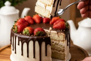 Delicious chocolate-covered strawberry drip cake decorated with fresh strawberries