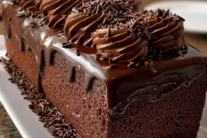 Delicious Chocolate Fudge Cake topped with chocolate glaze and fresh berries