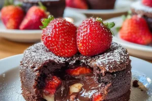 Delicious chocolate lava cake with molten center and chocolate drizzle.