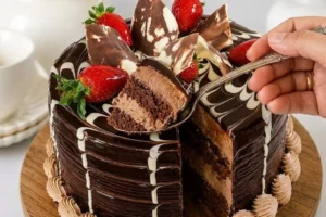 Chocolate Marble Strawberry Drip Cake with vibrant strawberry glaze