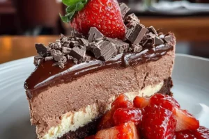 Decadent Chocolate Mousse Cake topped with chocolate shavings and fresh raspberries.
