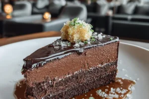 Delicious homemade Chocolate Mousse Cake topped with chocolate shavings.