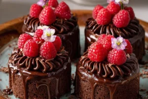 Delicious chocolate raspberry mini cakes on a dessert table