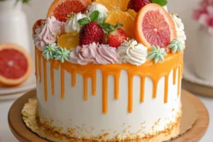 Citrus Berry Cream Drip Cake topped with fresh berries and citrus glaze.