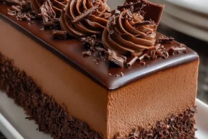 Delicious classic chocolate mousse cake garnished with chocolate shavings