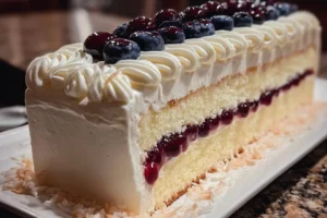 Coconut Cream Berry Chantilly Slice topped with fresh berries and coconut cream.