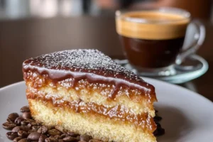 Delicious slice of Coffee Mousse Cake topped with whipped cream and coffee beans