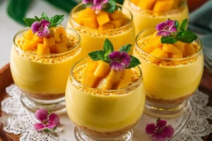 Creamy mango mousse cups garnished with fresh mango slices