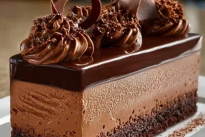 Dark Chocolate Chili Mousse Cake topped with chili peppers and chocolate shavings