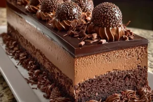 Dark Chocolate Truffle Mousse Cake topped with chocolate shavings and whipped cream