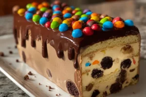 Decadent chocolate ice cream cake with M&M's and chocolate chip cookie dough