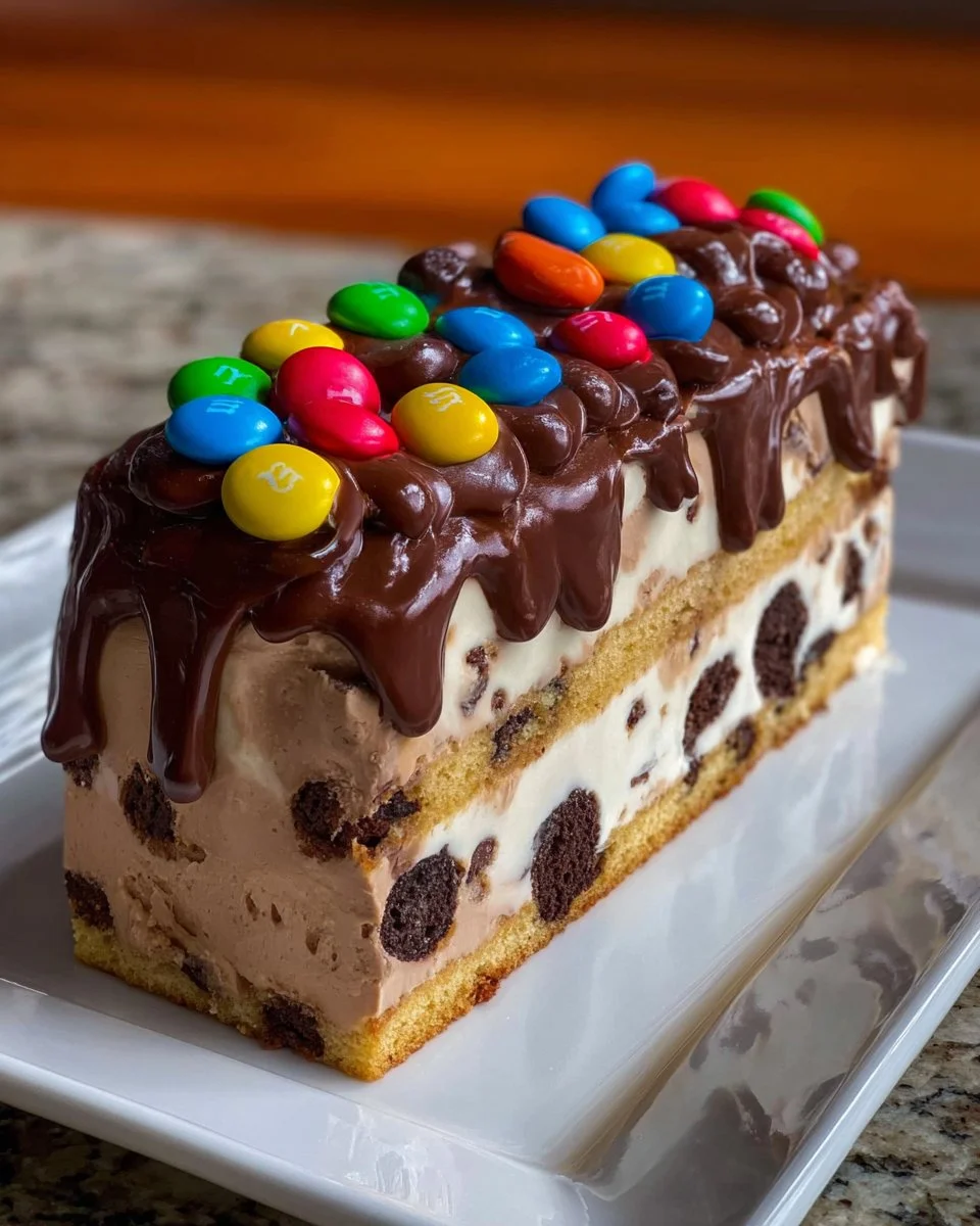 Decadent Chocolate M&M’s and Chocolate Chip Cookie Dough Ice Cream Cake