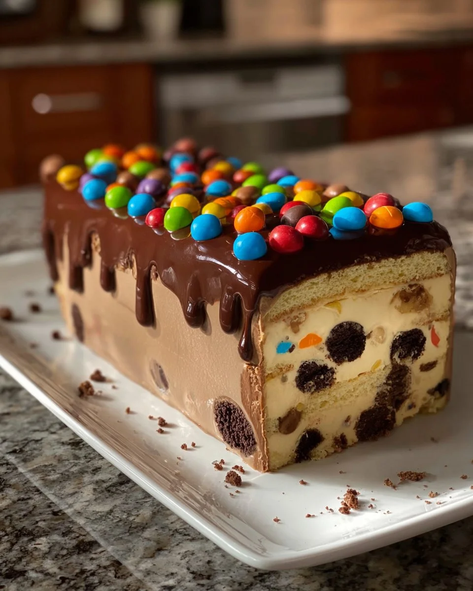 Decadent Chocolate M&M’s and Chocolate Chip Cookie Dough Ice Cream Cake