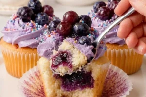Delicious Grape Crush Cupcakes topped with grape-flavored frosting