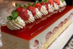 Delicious layered strawberry cheesecake with fresh strawberries and creamy filling