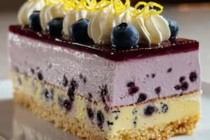 A slice of Lemon Blueberry Mousse Cake topped with blueberries and lemon zest.