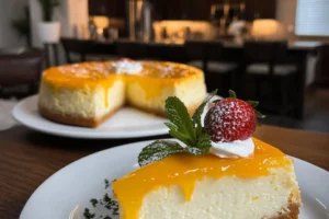 Slices of lemon mousse cake topped with lemon zest and cream