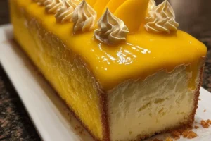 Mango Glazed Cream Cake decorated with mango butter rosettes