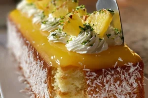Deliciously creamy Mango Mousse Cake topped with fresh mango slices