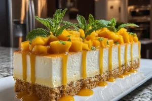 Delicious Mango Mousse Cake topped with fresh mango slices and whipped cream