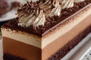 Mocha coffee mousse cake with chocolate garnish and coffee beans on top