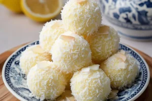 No bake lemon coconut truffles garnished with coconut flakes