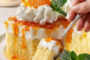 Slice of Orange Dreamsicle Cake with vibrant orange frosting
