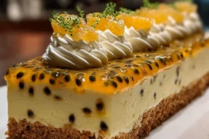 Delicious Passion Fruit Mousse Cake with Tropical Glaze and Coconut Crust