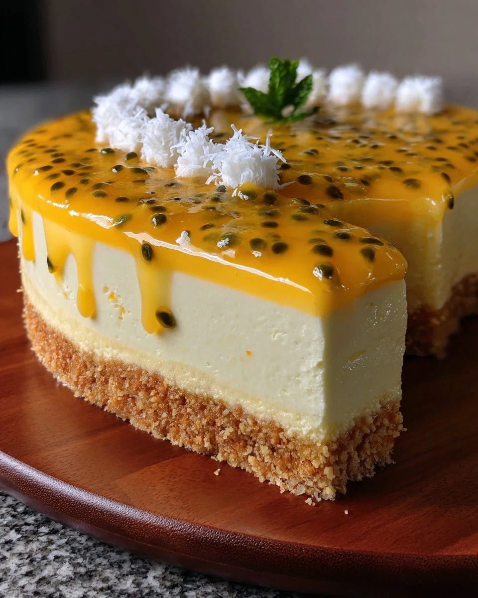 Passion Fruit Mousse Cake with Tropical Glaze and Coconut Crust