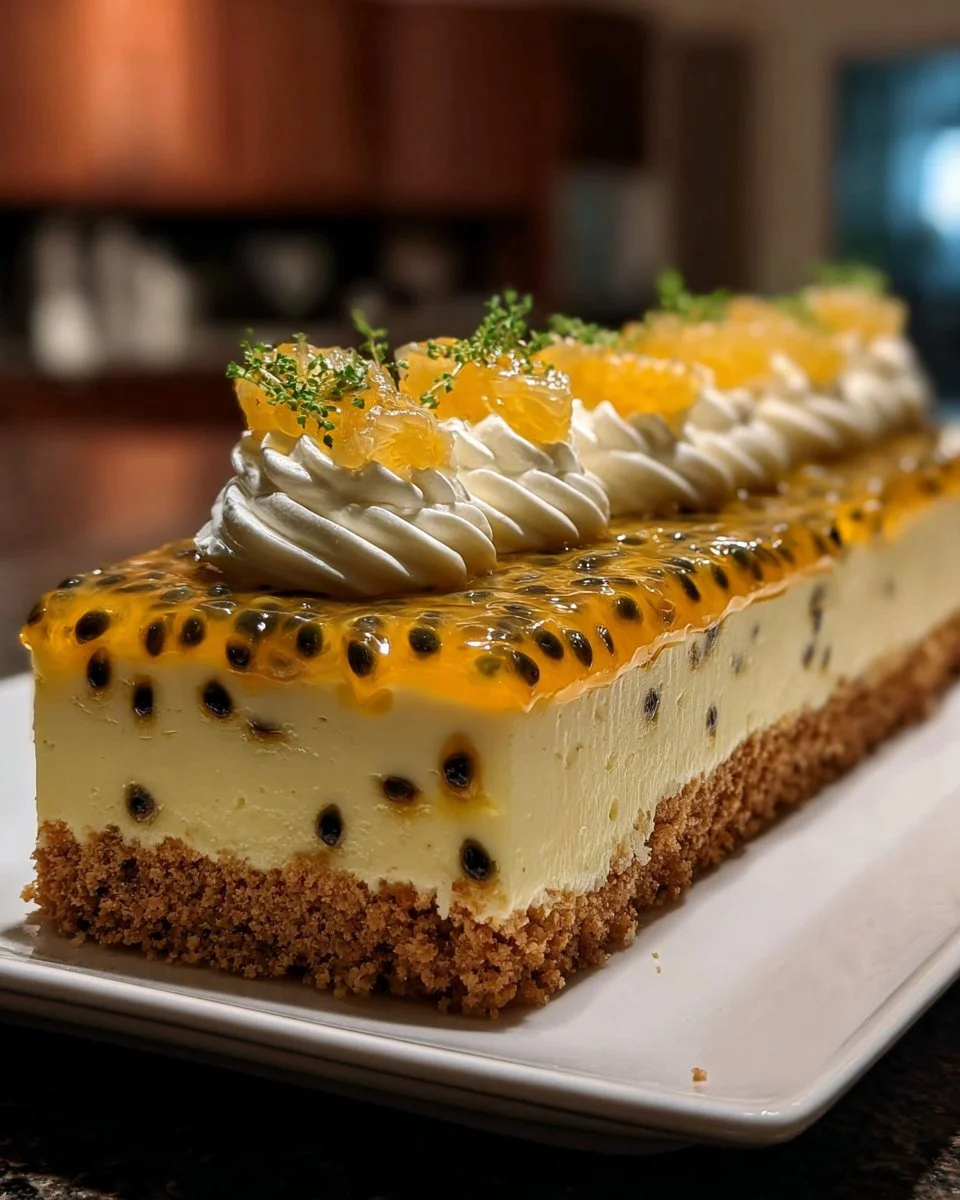 Passion Fruit Mousse Cake with Tropical Glaze and Coconut Crust