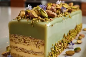 Pistachio Almond Cheesecake slice topped with crushed pistachios and almonds