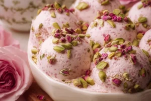 Delicious Rose Pistachio Cheesecake Ice Cream with pistachio nuts and rose flavor