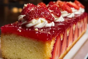 Delicious Strawberry Crunch Layer Cake with layers of strawberries and crunchy topping.