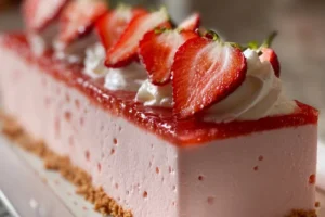 Delicious strawberry mousse cake topped with fresh strawberries