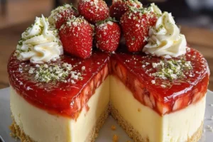 Delicious strawberry mousse cake with fresh strawberries and creamy layers