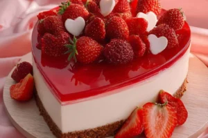 Delicious Sweetheart Strawberry Cheesecake topped with fresh strawberries