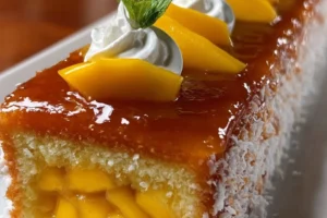 Slice of Tropical Mango Coconut Cream Loaf garnished with fresh mango and coconut flakes.