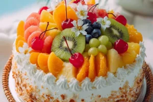 Delicious Tropical Paradise fruit cake topped with vibrant tropical fruits.
