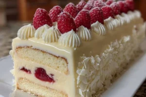 Delicious white chocolate raspberry mousse cake with layers of cream and berries