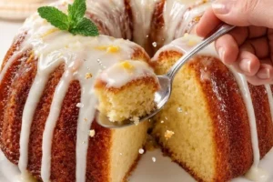 Vanilla buttermilk pound cake drizzled with cream cheese glaze on a white plate