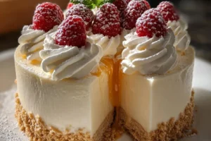 White chocolate raspberry mousse cake topped with fresh berries and cream