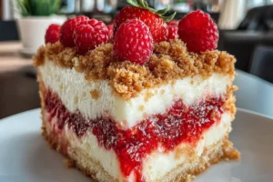 Delicious White Chocolate Raspberry Mousse Cake topped with fresh raspberries
