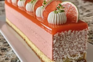 Tropical Pink Guava Coconut Mousse Slice with Glossy Guava Mirror Glaze