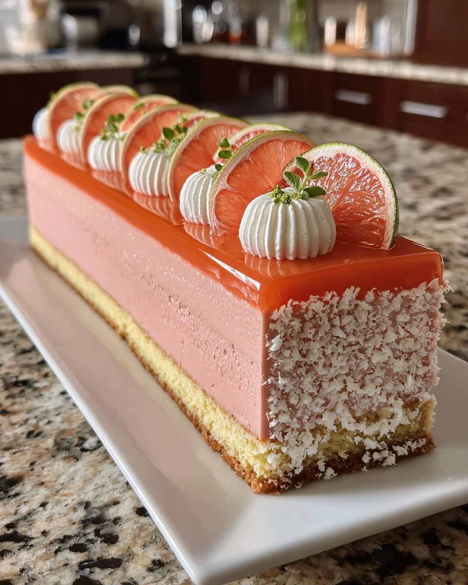 Tropical Pink Guava Coconut Mousse Slice with Glossy Guava Mirror Glaze