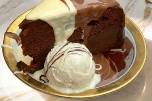 this Triple Chocolate Ganache Cake with Vanilla Ice Cream