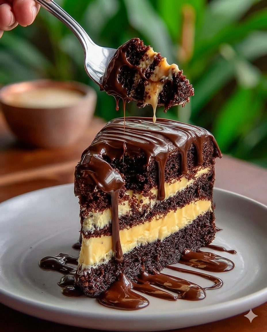 Chocolate Cheesecake Filled and Ganache-Topped Cake