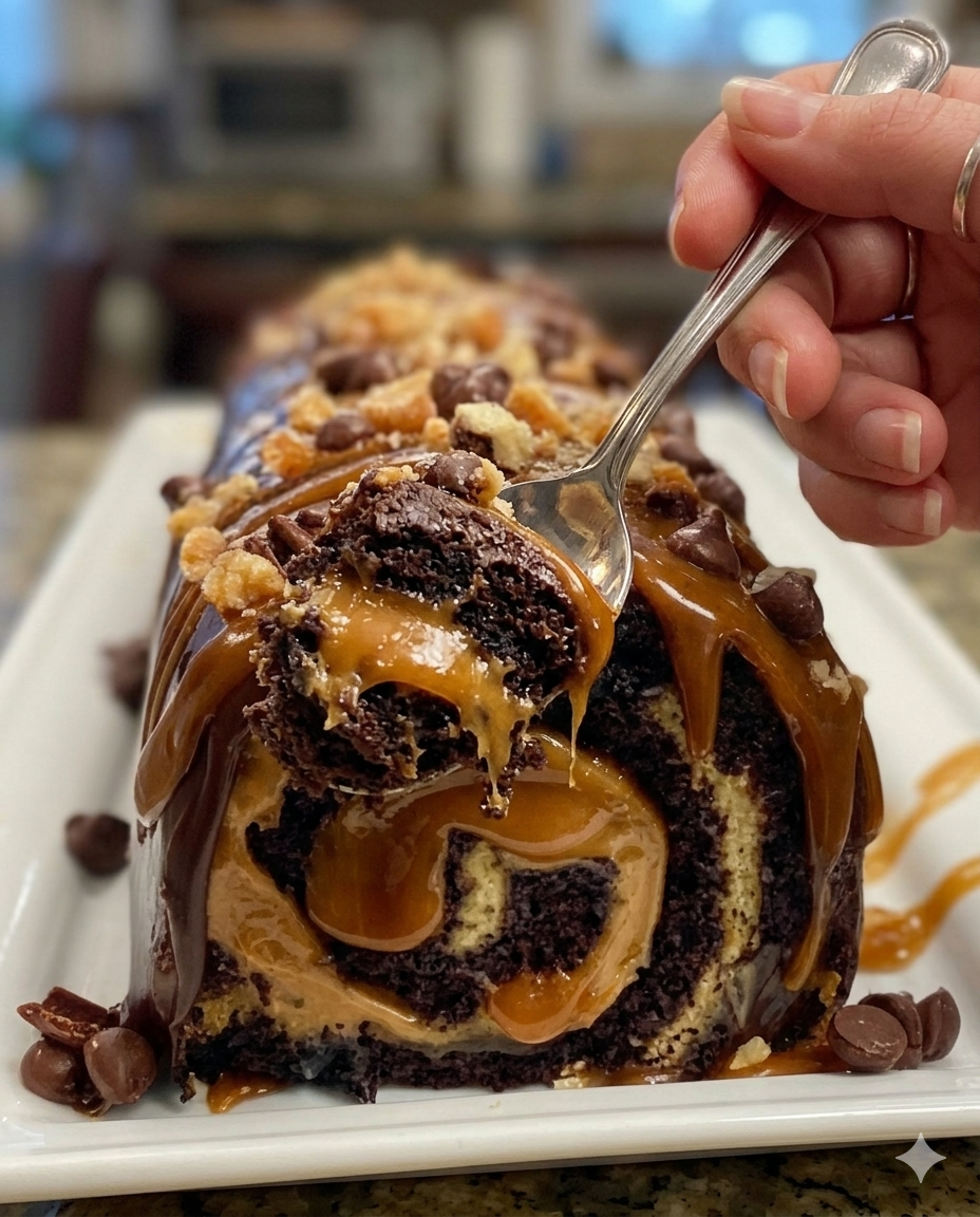 Gooey Chocolate Caramel Turtle Cake Roll