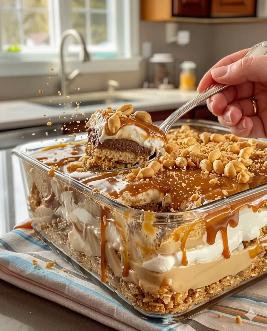 No-Bake Peanut Butter Caramel Lasagna